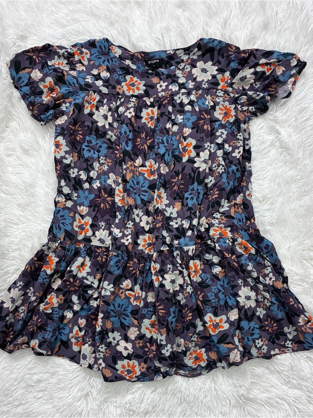 Storia Floral Mini Dress in Navy with Blue, Orange & Cream Flowers